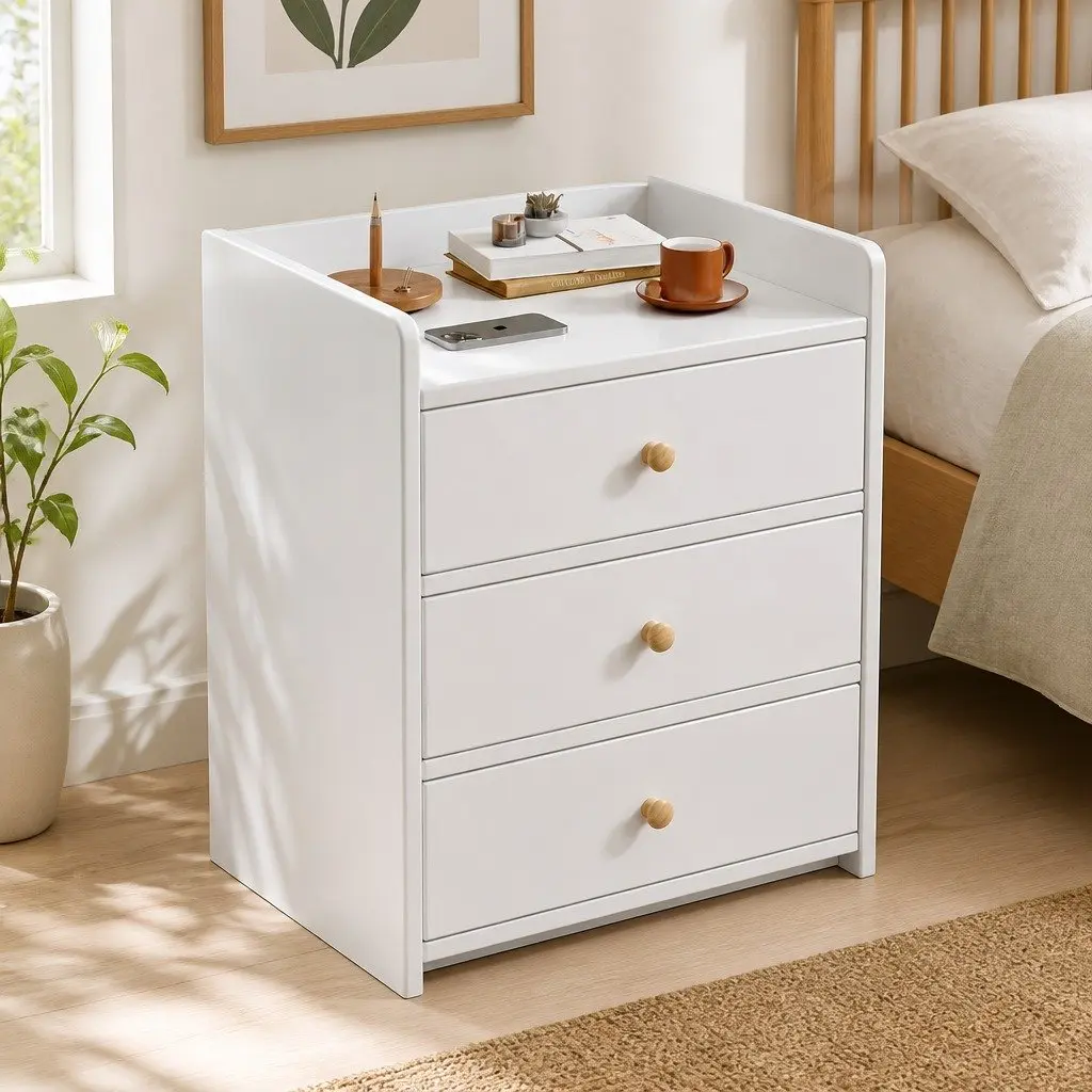 Bedside Table Warm White 47cm x 59cm 3 Drawers with Tray Top