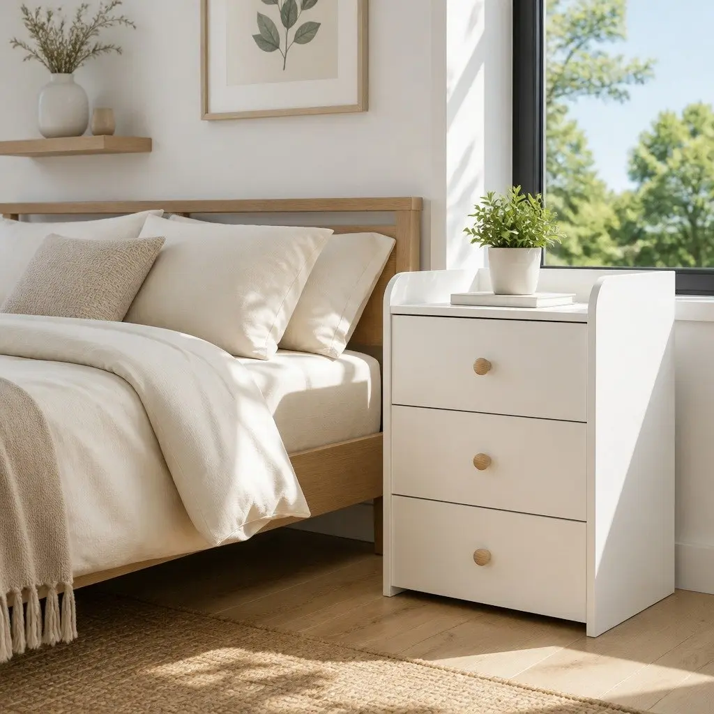 Bedside Table Warm White 47cm x 59cm 3 Drawers with Tray Top