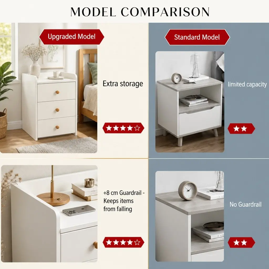 Bedside Table Warm White 47cm x 59cm 3 Drawers with Tray Top