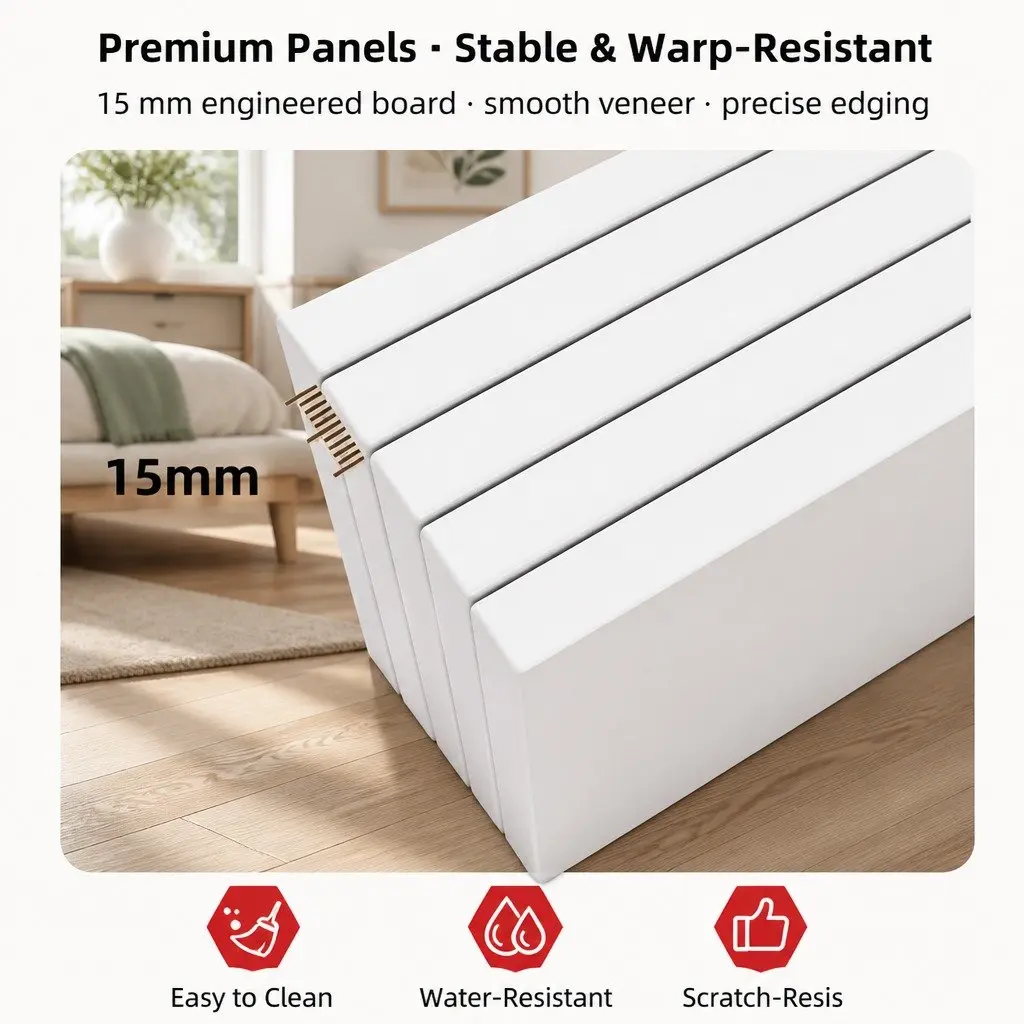Bedside Table Warm White 47cm x 59cm 3 Drawers with Tray Top