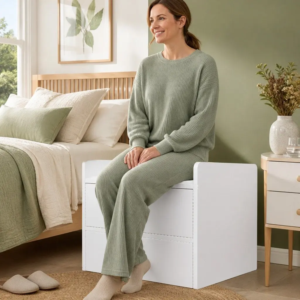 Bedside Table Warm White 47cm x 59cm 3 Drawers with Tray Top