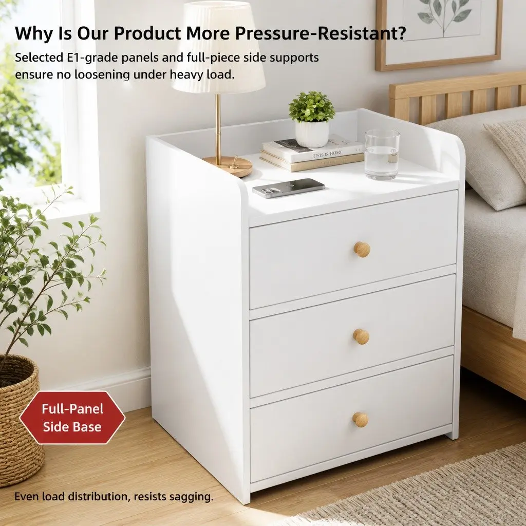 Bedside Table Warm White 47cm x 59cm 3 Drawers with Tray Top