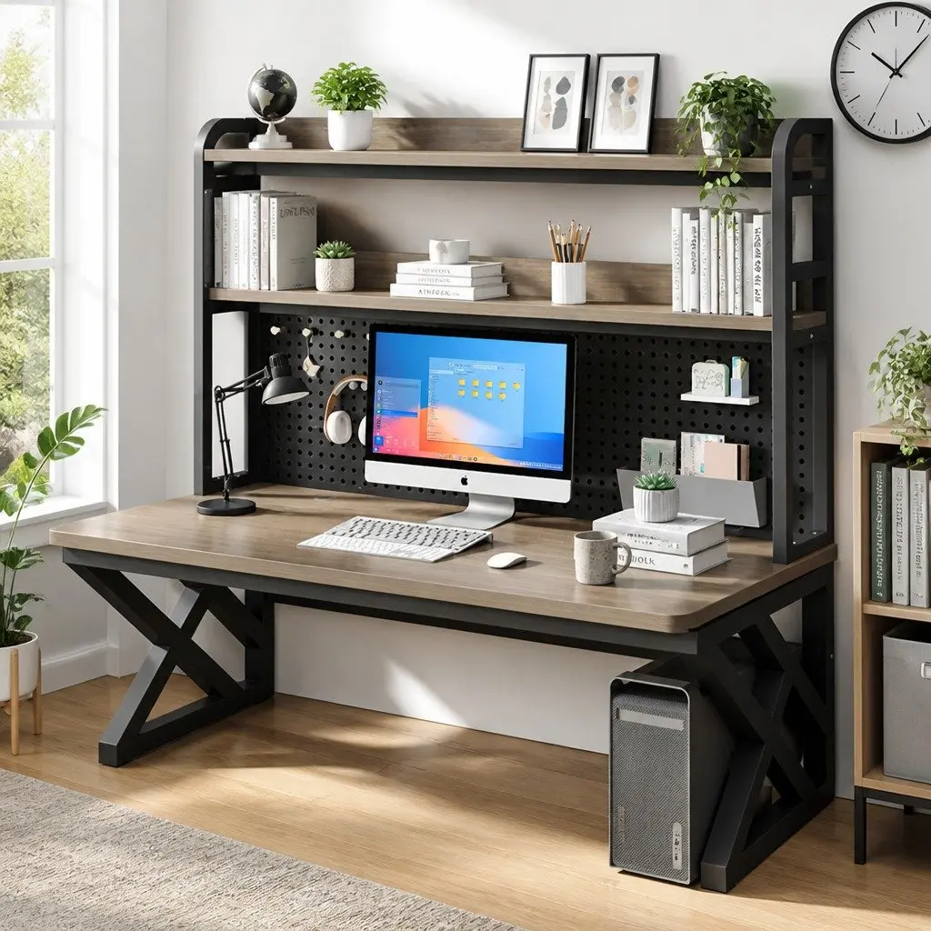 Computer Desk Black and Armani Grey 120x60x170cm Spacious K-Shaped Workstation with Bookshelf and Waterproof Surface