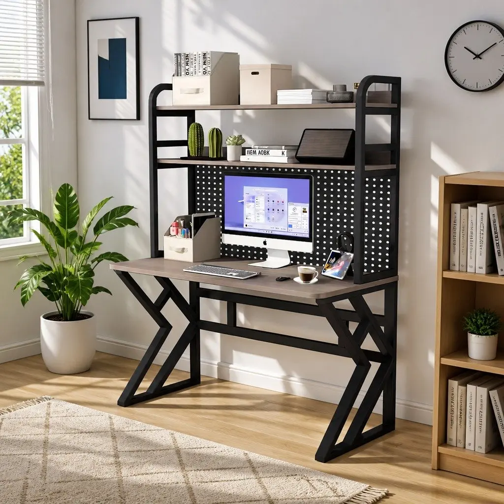 Computer Desk Black and Armani Grey 120x60x170cm Spacious K-Shaped Workstation with Bookshelf and Waterproof Surface