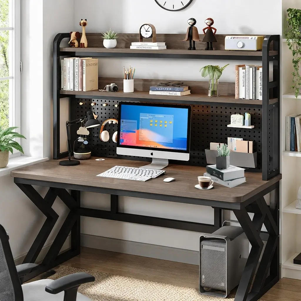 Computer Desk Black and Armani Grey 120x60x170cm Spacious K-Shaped Workstation with Bookshelf and Waterproof Surface