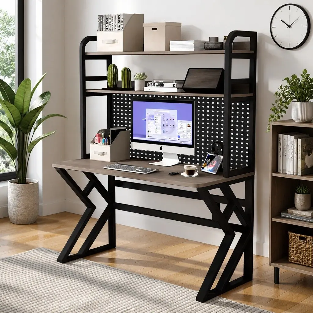 Computer Desk Black and Armani Grey 120x60x170cm Spacious K-Shaped Workstation with Bookshelf and Waterproof Surface