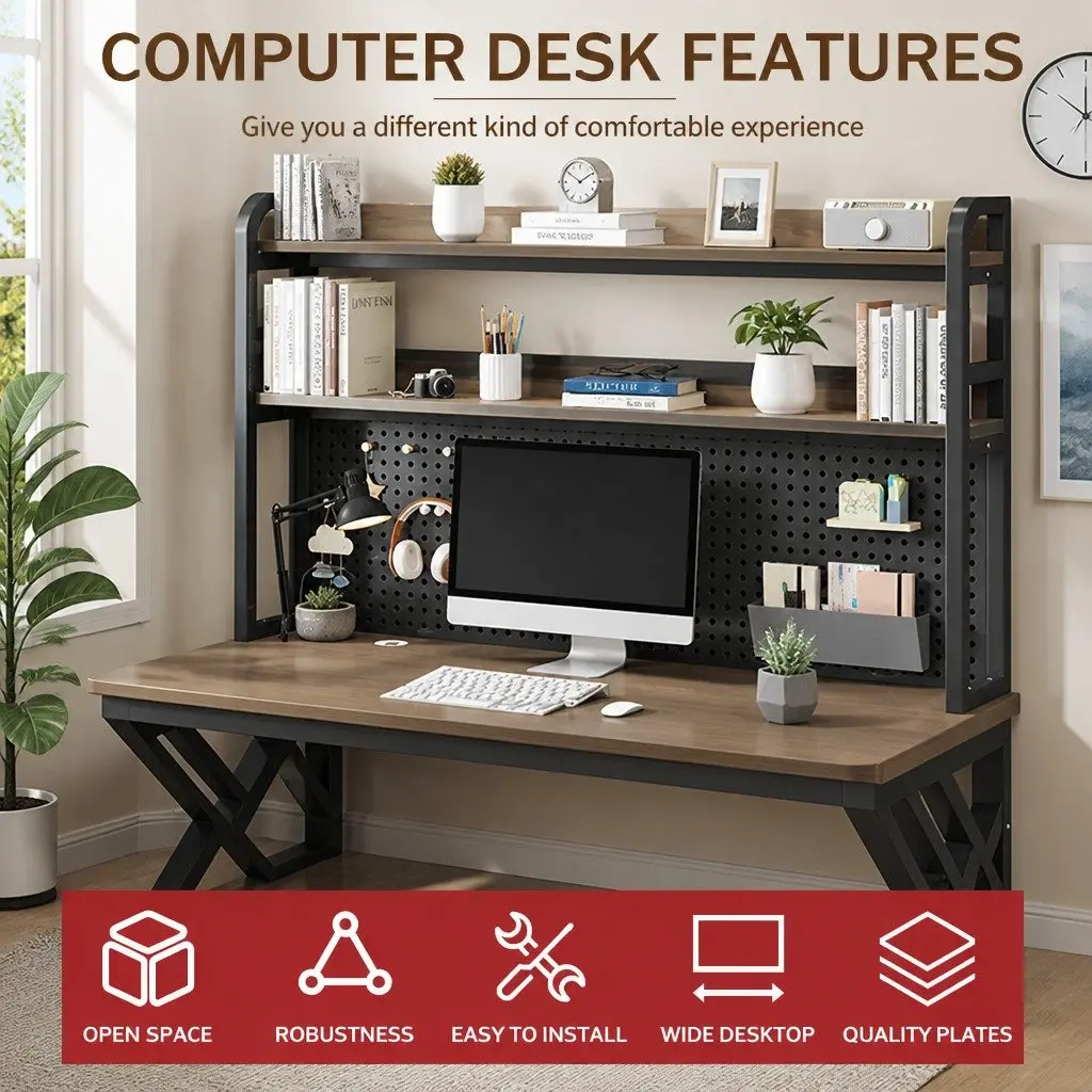 Computer Desk Black and Armani Grey 120x60x170cm Spacious K-Shaped Workstation with Bookshelf and Waterproof Surface