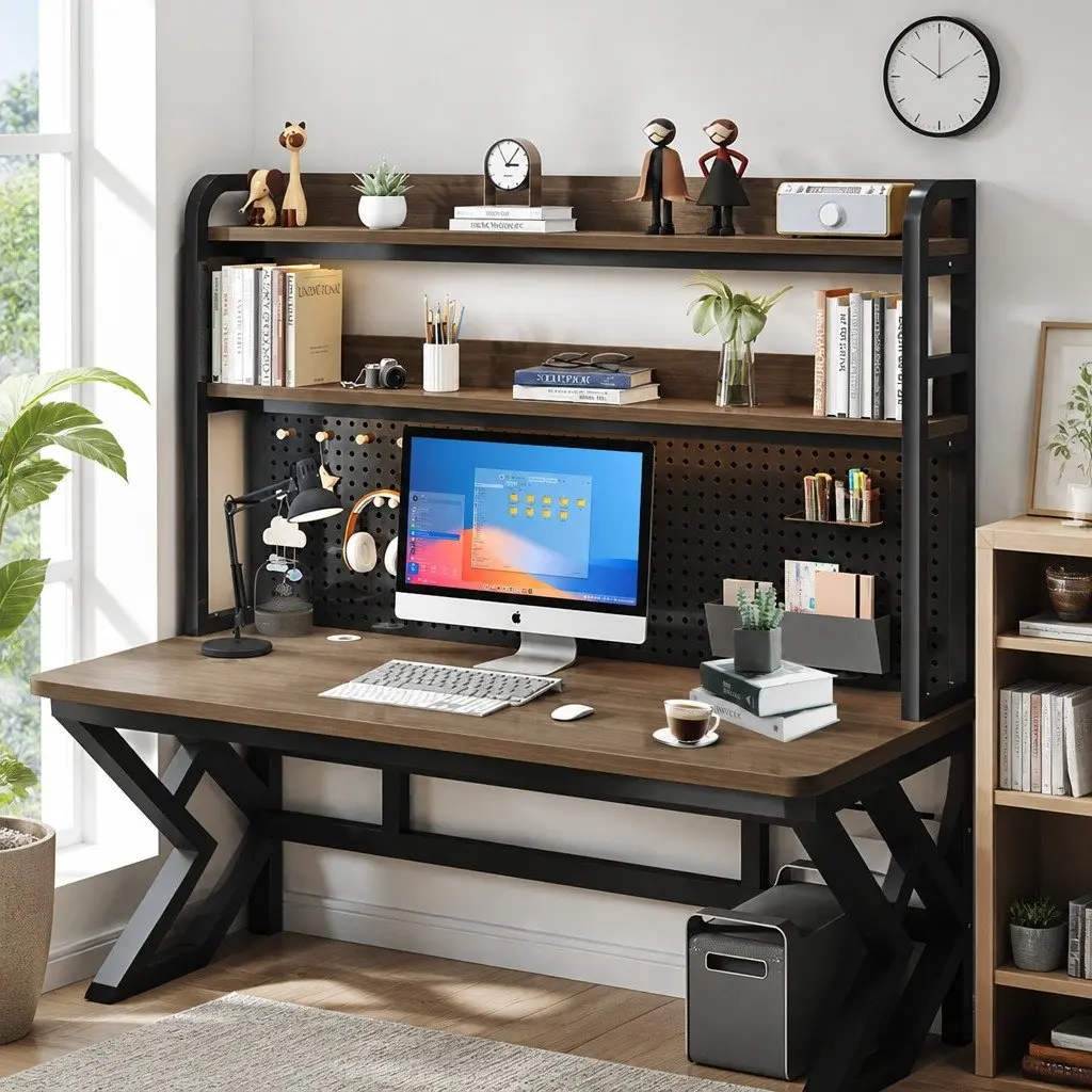 Computer Desk Black and Armani Grey 120x60x170cm Spacious K-Shaped Workstation with Bookshelf and Waterproof Surface