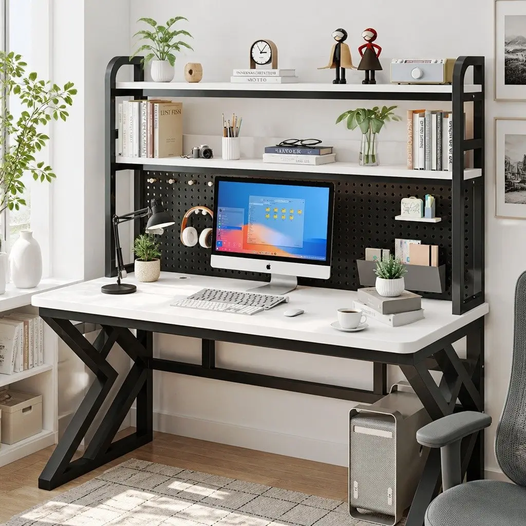 Computer Study Desk With Black Legs and White Desktop
