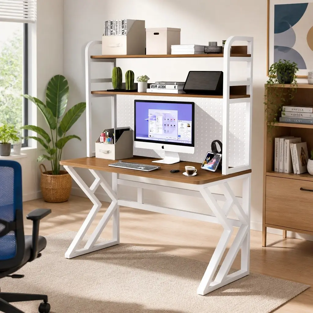 Computer Desk White Black 160x60x170cm Nordic Style Waterproof Wear-resistant Surface K-shaped Table Legs