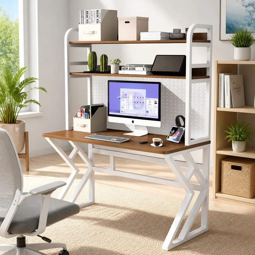 Computer Desk White Black 160x60x170cm Nordic Style Waterproof Wear-resistant Surface K-shaped Table Legs