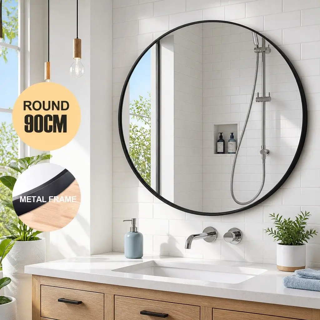 Circular Wall Mirror Vintage Metal Frame Black Bathroom Vanity Accent Decor