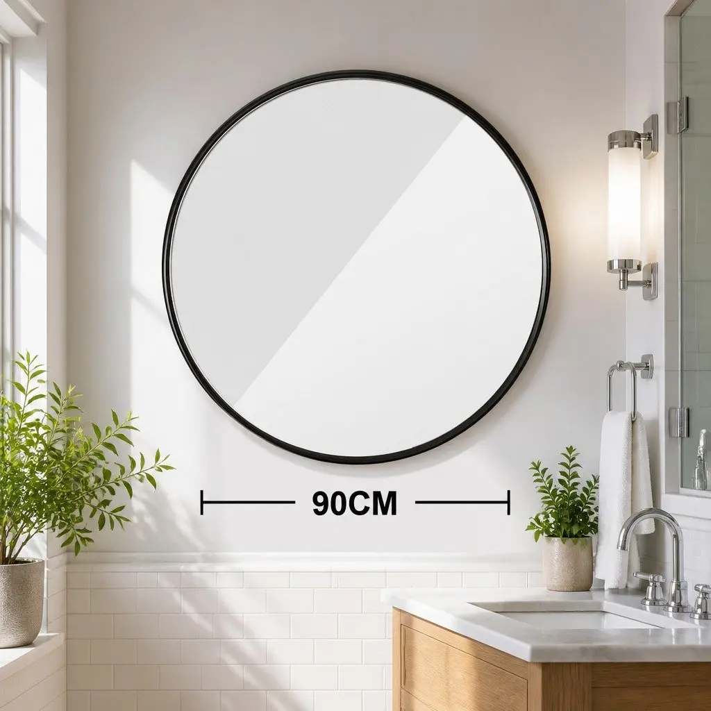 Circular Wall Mirror Black 90cm Vintage Metal Frame High Definition Silver Mirror