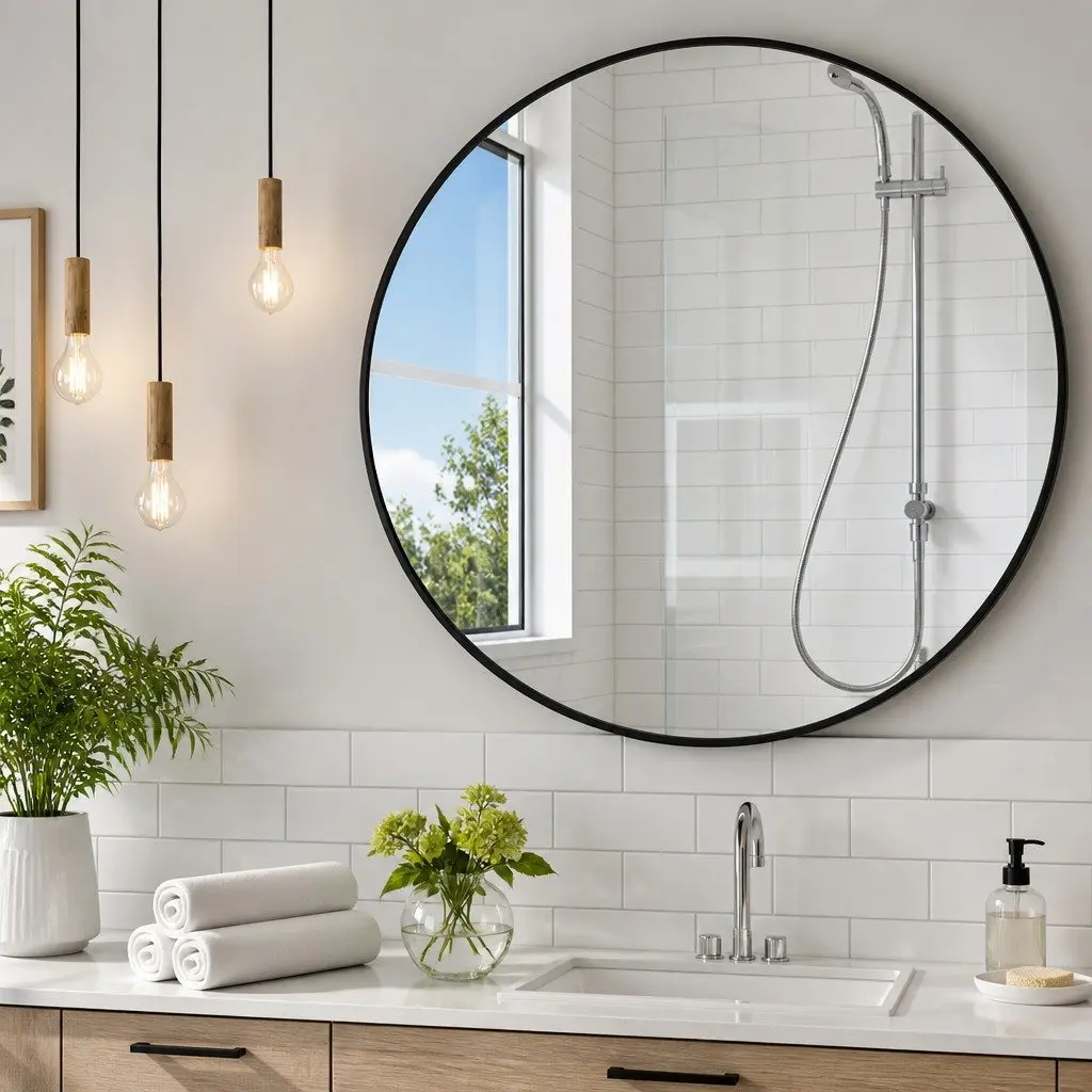 Circular Wall Mirror Black 90cm Vintage Metal Frame High Definition Silver Mirror