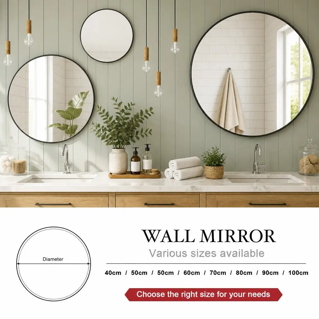 Circular Wall Mirror Black 90cm Vintage Metal Frame High Definition Silver Mirror