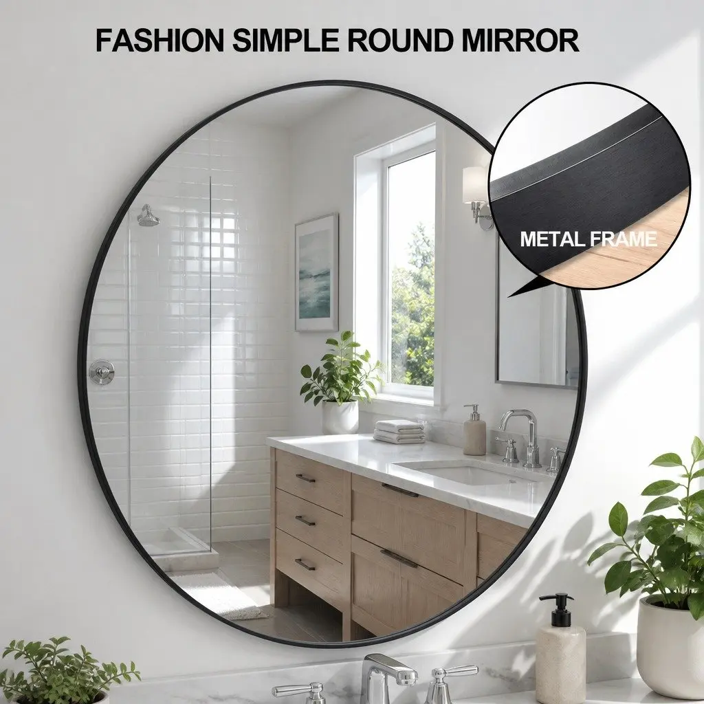 Circular Wall Mirror Black 90cm Vintage Metal Frame High Definition Silver Mirror