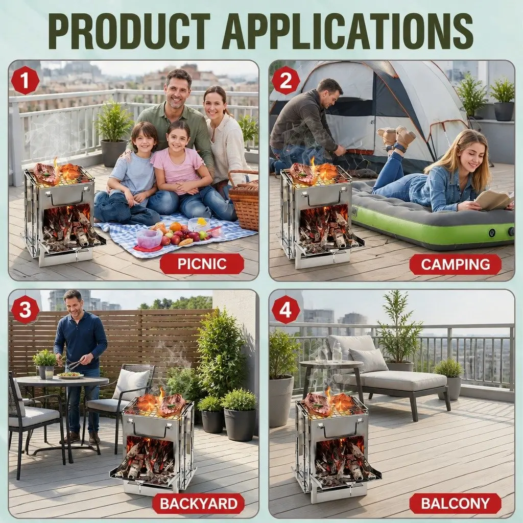 Portable Folding Wood Charcoal Camping Stove Outdoor BBQ Alcohol Burning Cooker