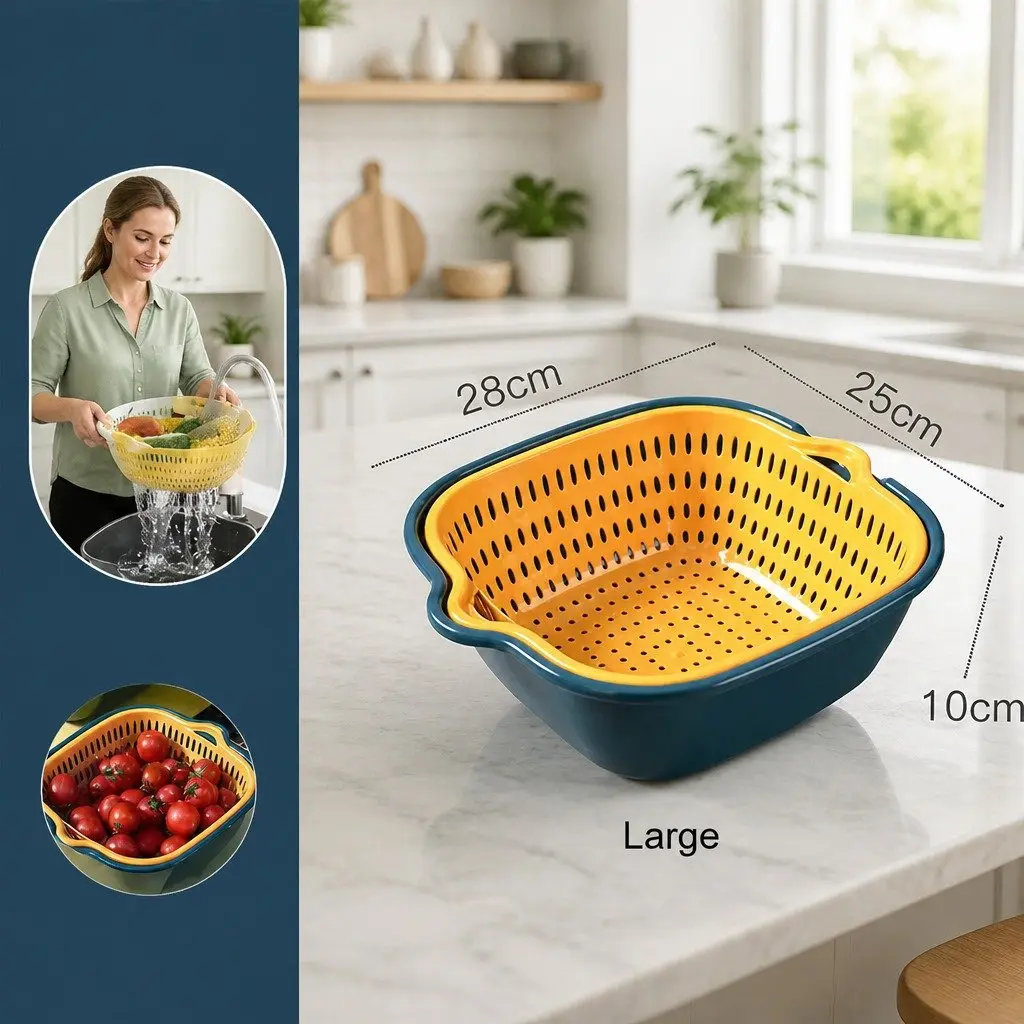 Fruit Vegetable Storage Basket Set Blue Yellow Six-Piece Double-Layer Kitchen Organiser