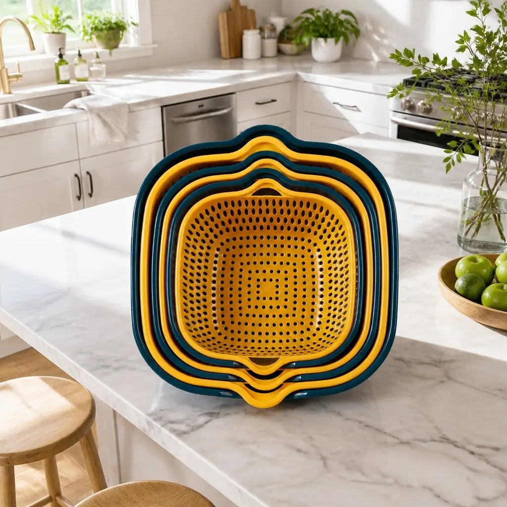 Fruit Vegetable Storage Basket Set Blue Yellow Six-Piece Double-Layer Kitchen Organiser