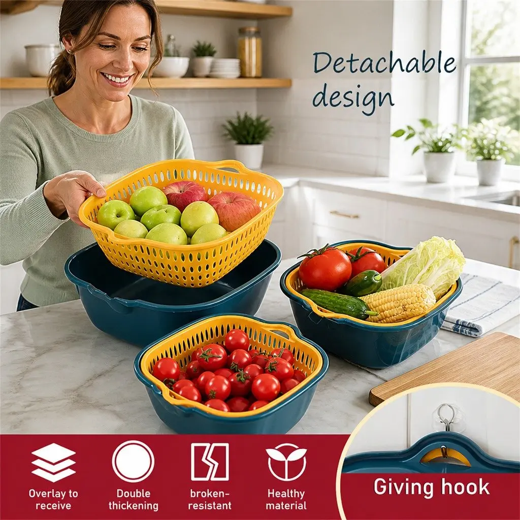 Fruit Vegetable Storage Basket Set Blue Yellow Six-Piece Double-Layer Kitchen Organiser