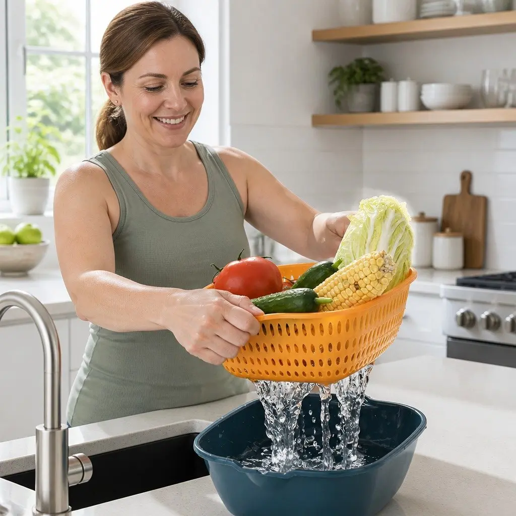 Fruit Vegetable Storage Basket Set Blue Yellow Six-Piece Double-Layer Kitchen Organiser