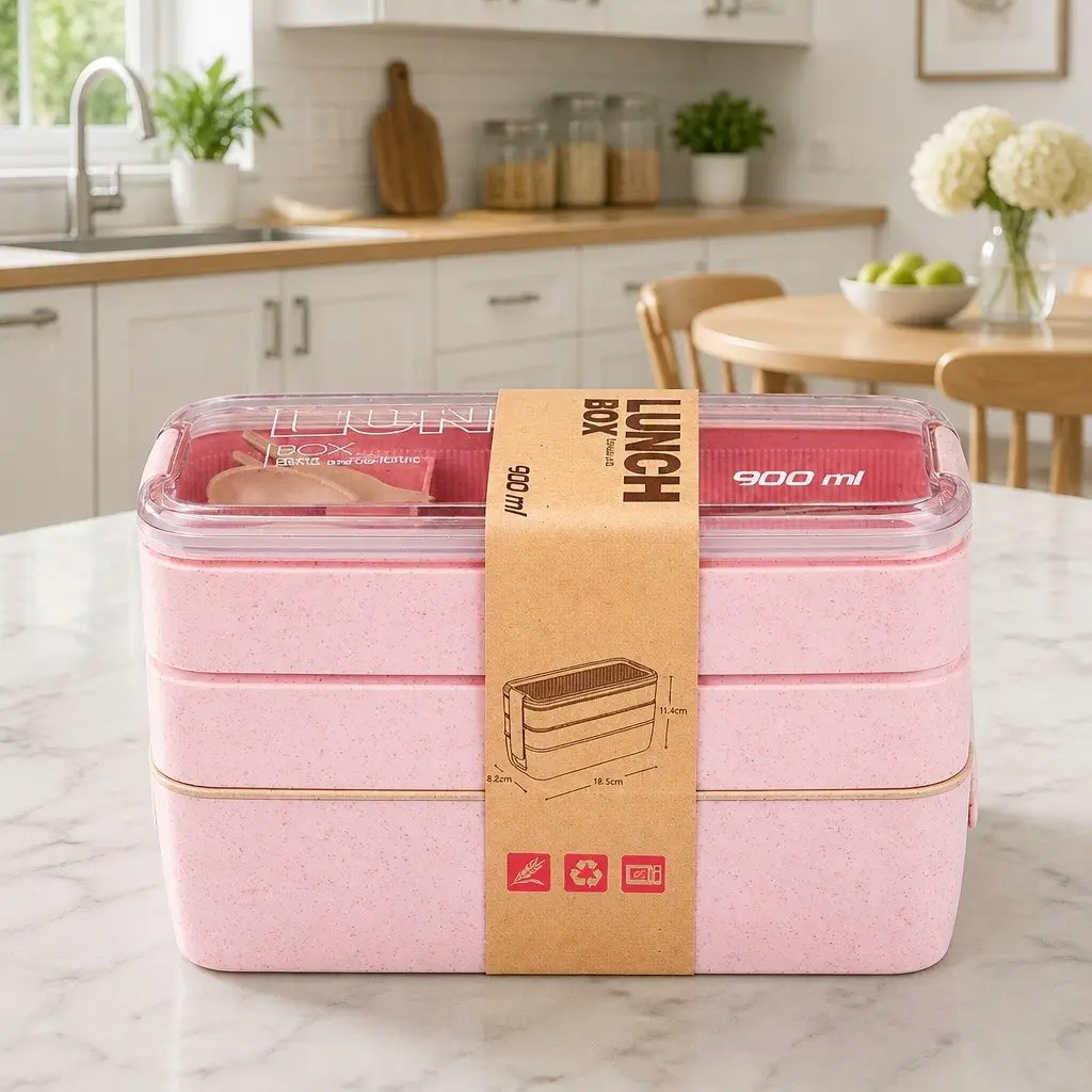 Bento Lunch Box Yellow 900ml Leakproof 3-Layer Food Storage Container with Flexible Lock Seal
