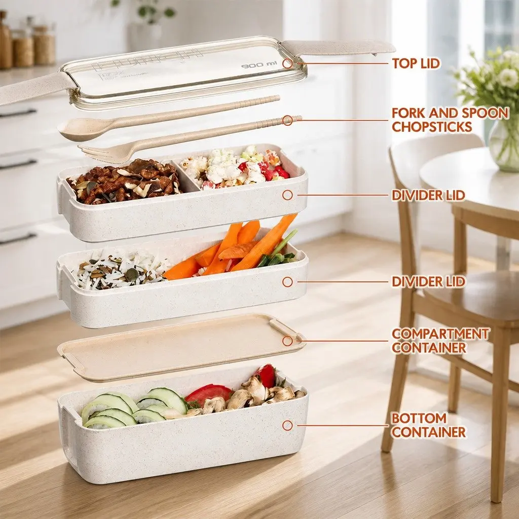 Bento Lunch Box Yellow 900ml Leakproof 3-Layer Food Storage Container with Flexible Lock Seal