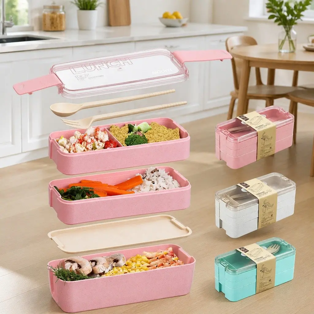 Bento Lunch Box Yellow 900ml Leakproof 3-Layer Food Storage Container with Flexible Lock Seal