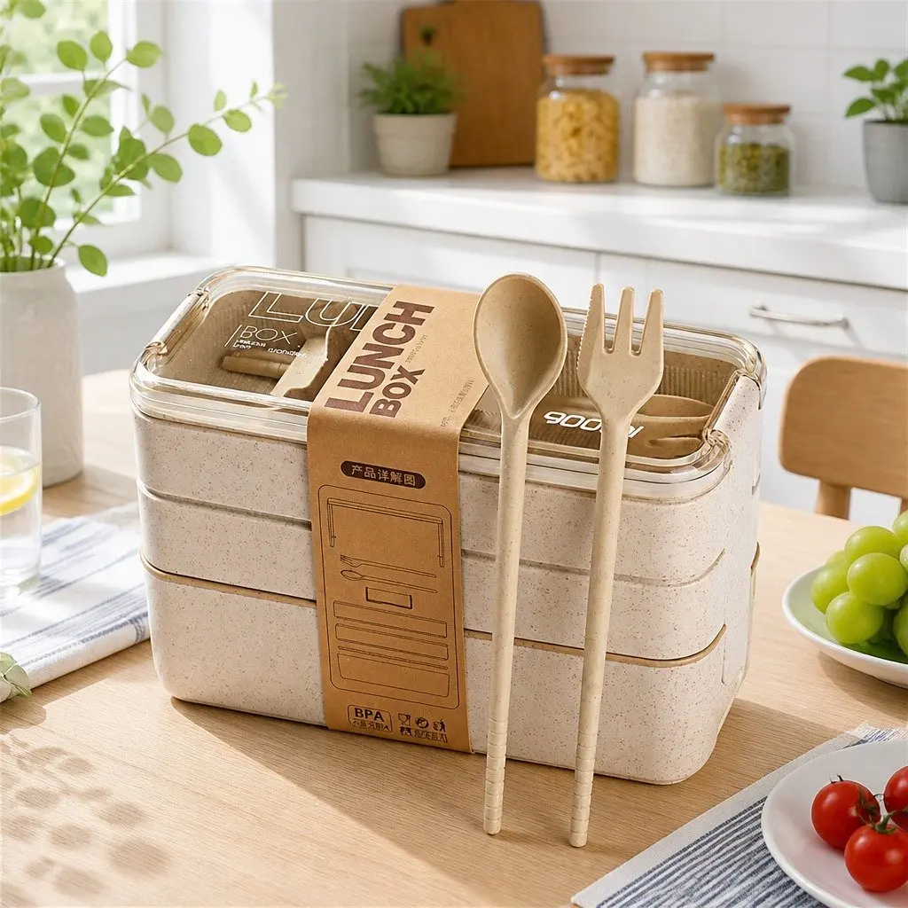Bento Lunch Box Yellow 900ml Leakproof 3-Layer Food Storage Container with Flexible Lock Seal