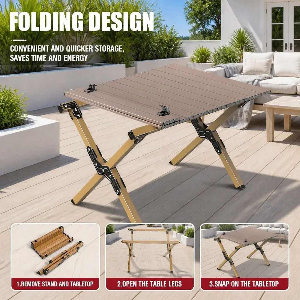 Portable Foldable Carbon Steel Camping Table Outdoor Picnic BBQ Roll Desk