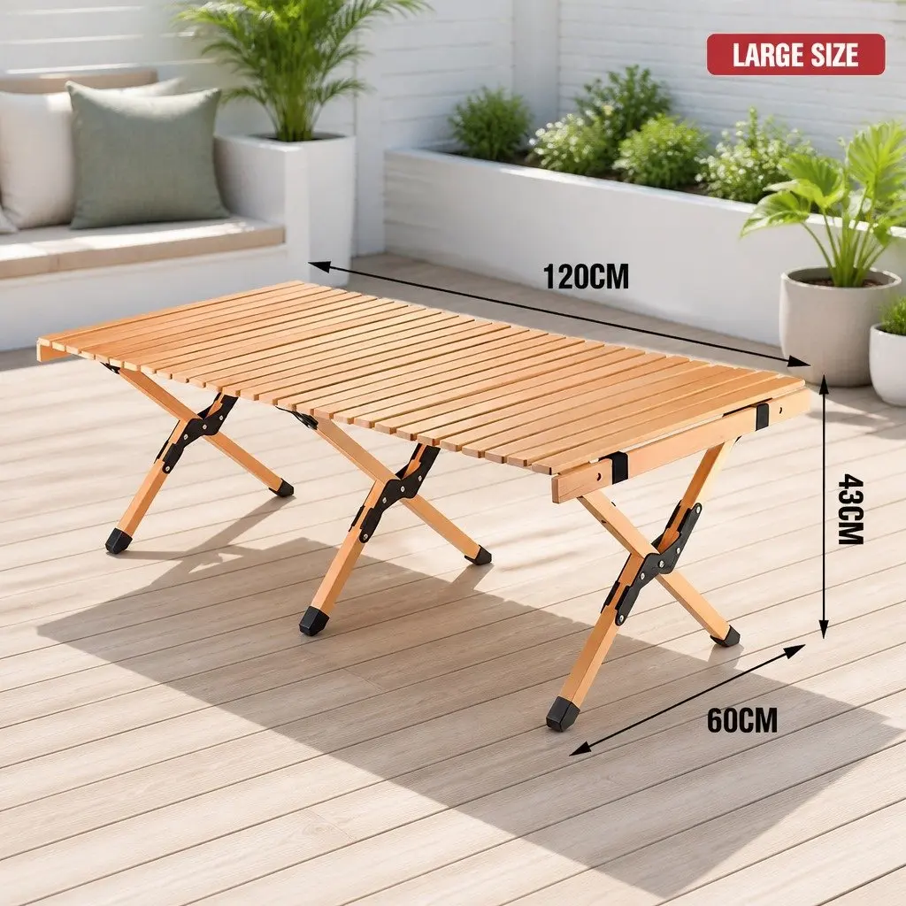 Wooden Folding Camping Table Outdoor Picnic Beach Desk Egg Roll Furniture
