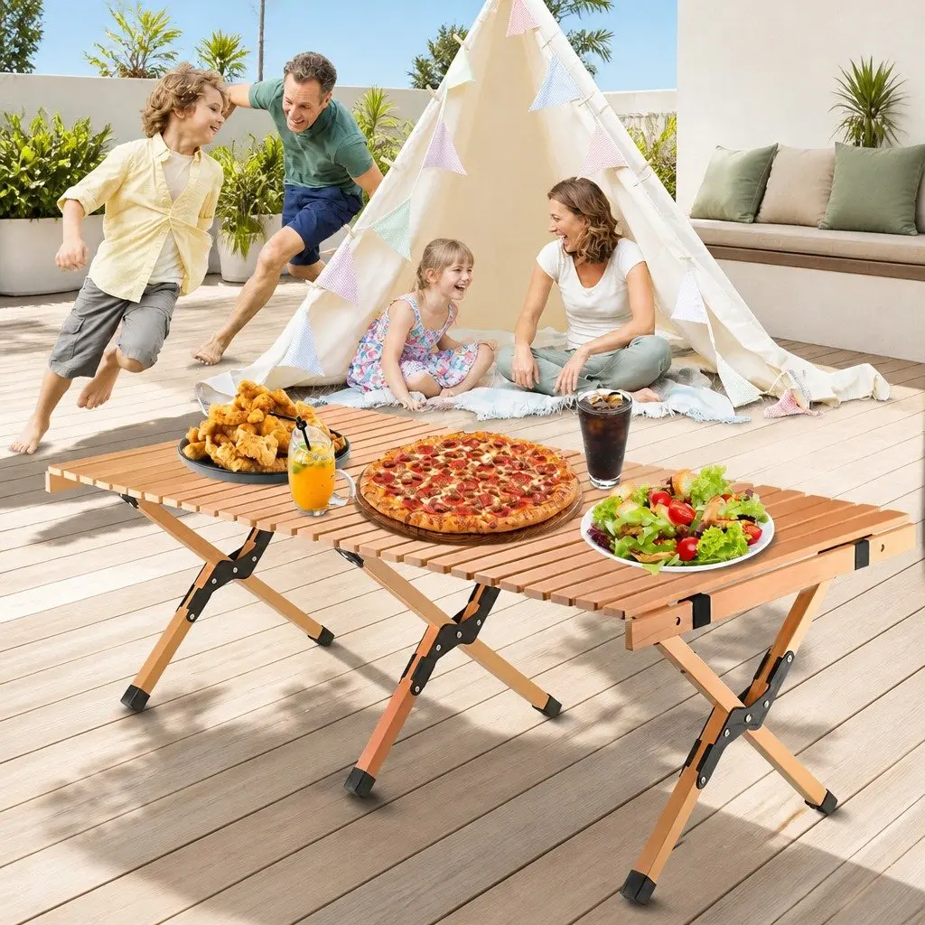 Wooden Folding Camping Table Outdoor Picnic Beach Desk Egg Roll Furniture