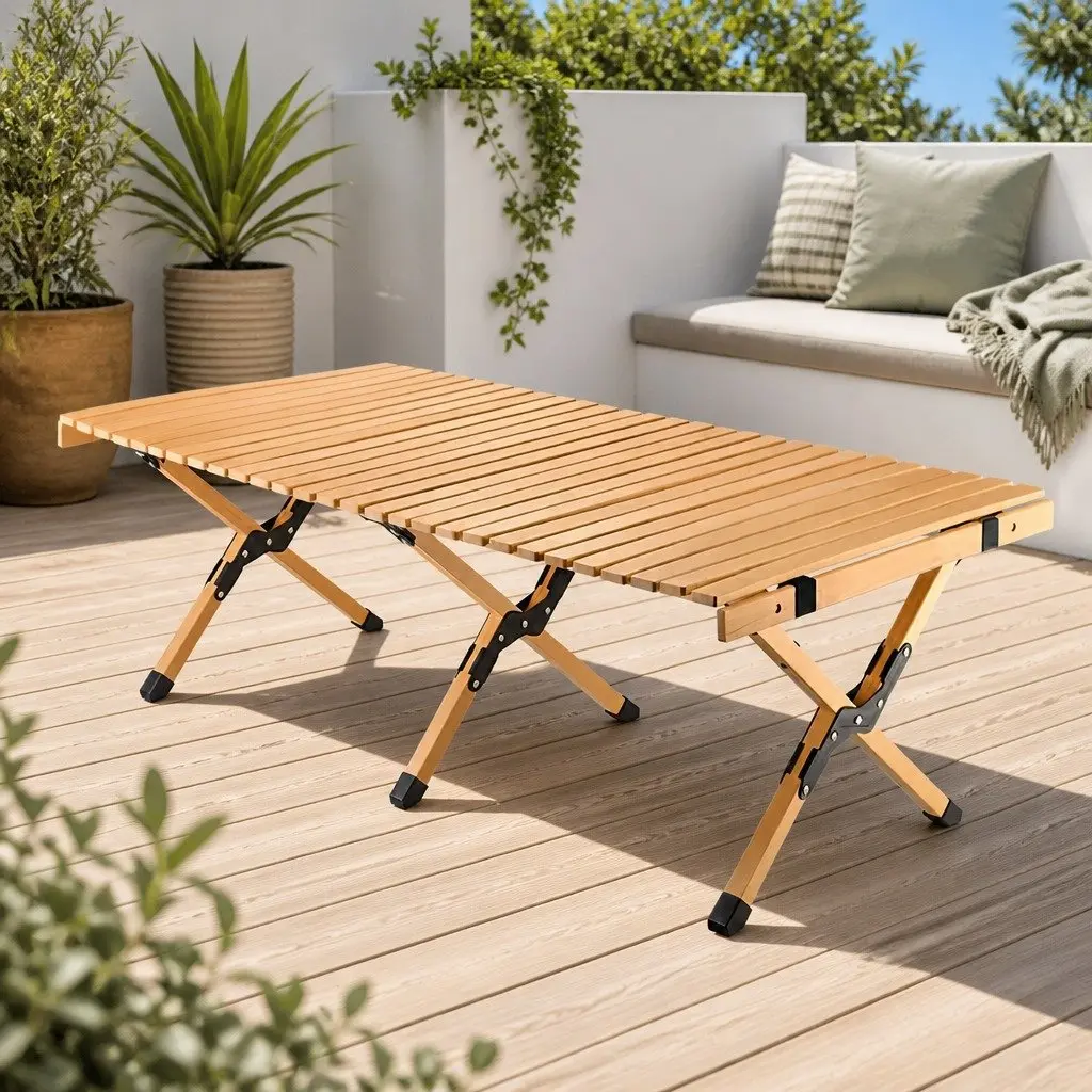 Wooden Folding Camping Table Outdoor Picnic Beach Desk Egg Roll Furniture