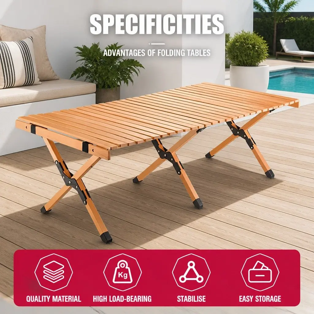 Wooden Folding Camping Table Outdoor Picnic Beach Desk Egg Roll Furniture