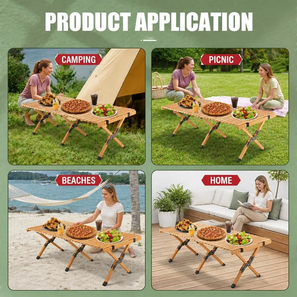 Wooden Folding Camping Table Outdoor Picnic Beach Desk Egg Roll Furniture