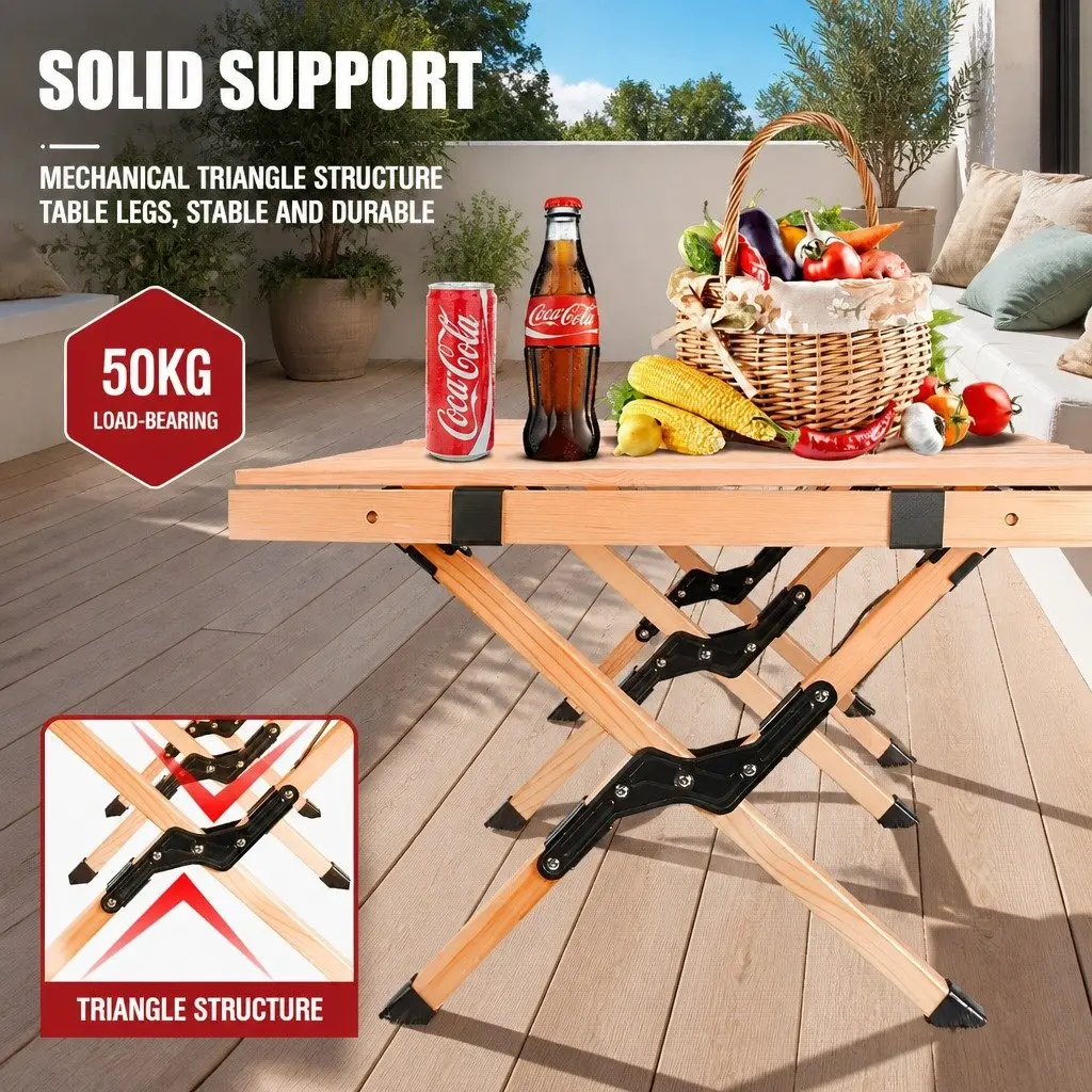 Wooden Folding Camping Table Outdoor Picnic Beach Desk Egg Roll Furniture