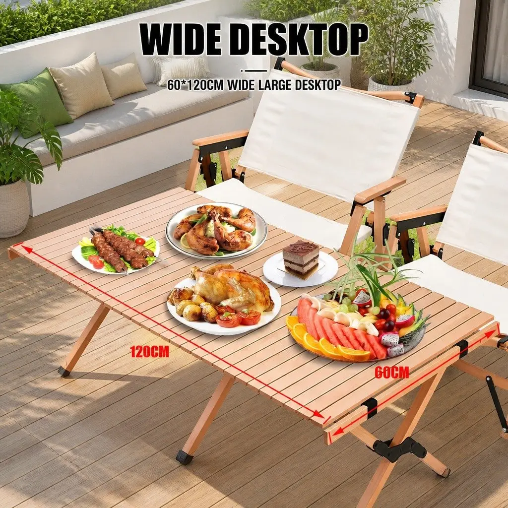 Wooden Folding Camping Table Outdoor Picnic Beach Desk Egg Roll Furniture