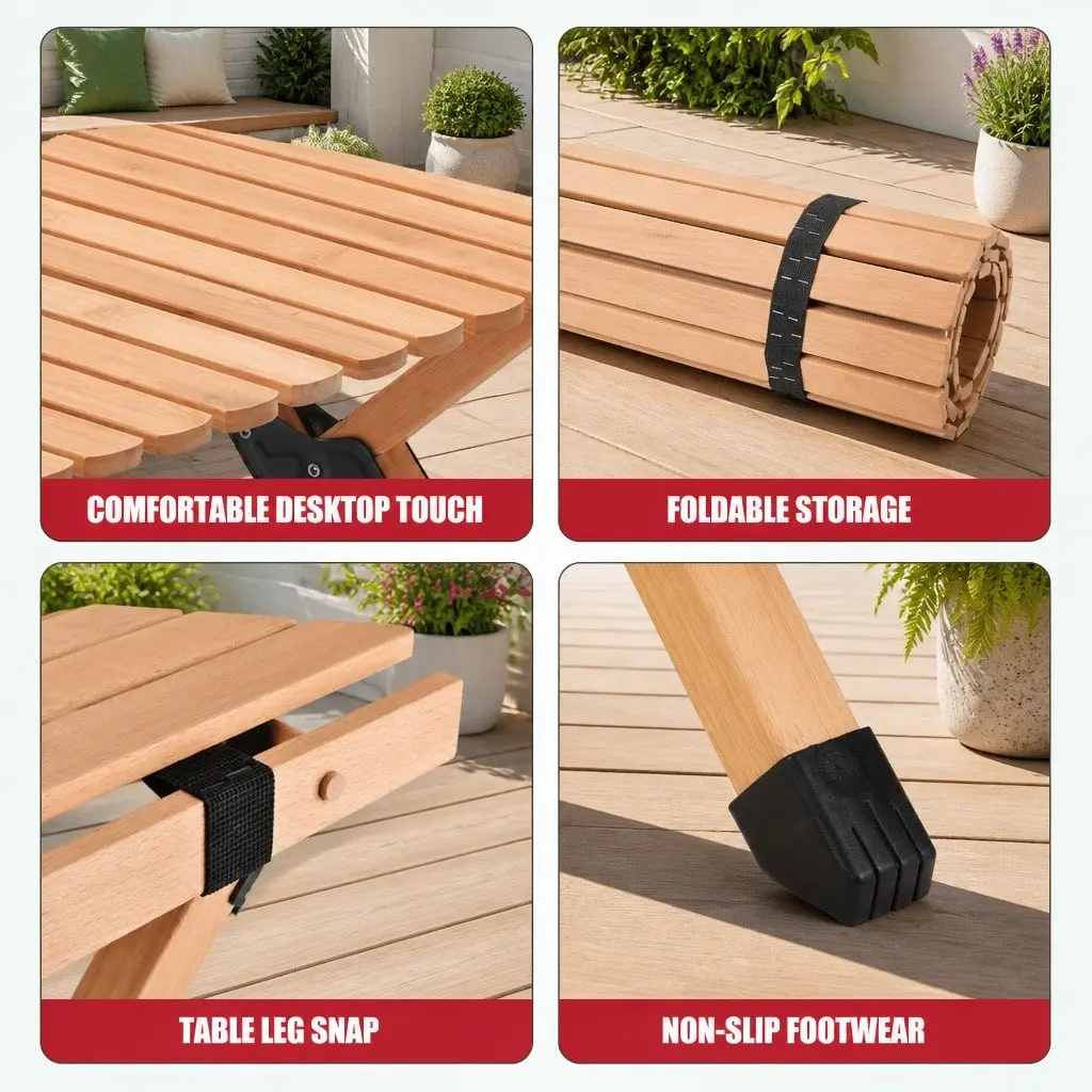 Wooden Folding Camping Table Outdoor Picnic Beach Desk Egg Roll Furniture