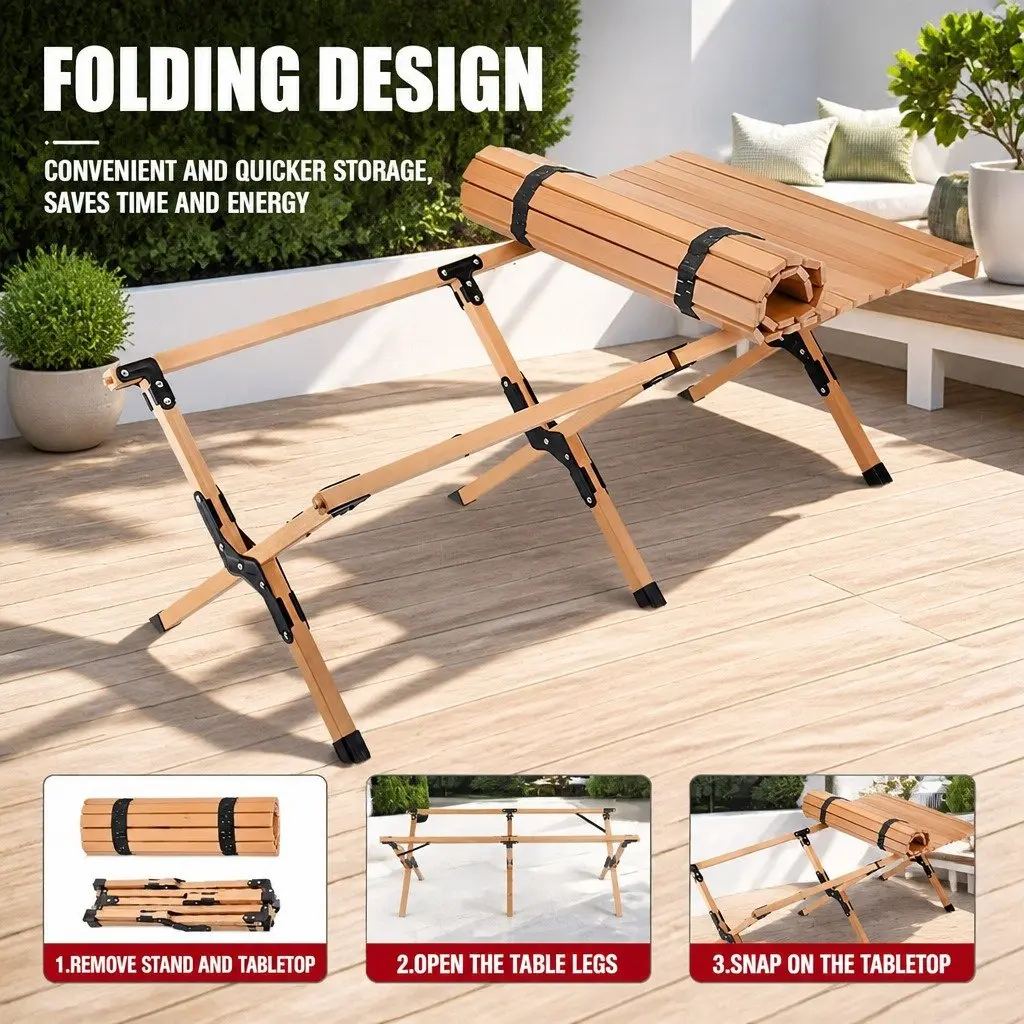 Wooden Folding Camping Table Outdoor Picnic Beach Desk Egg Roll Furniture