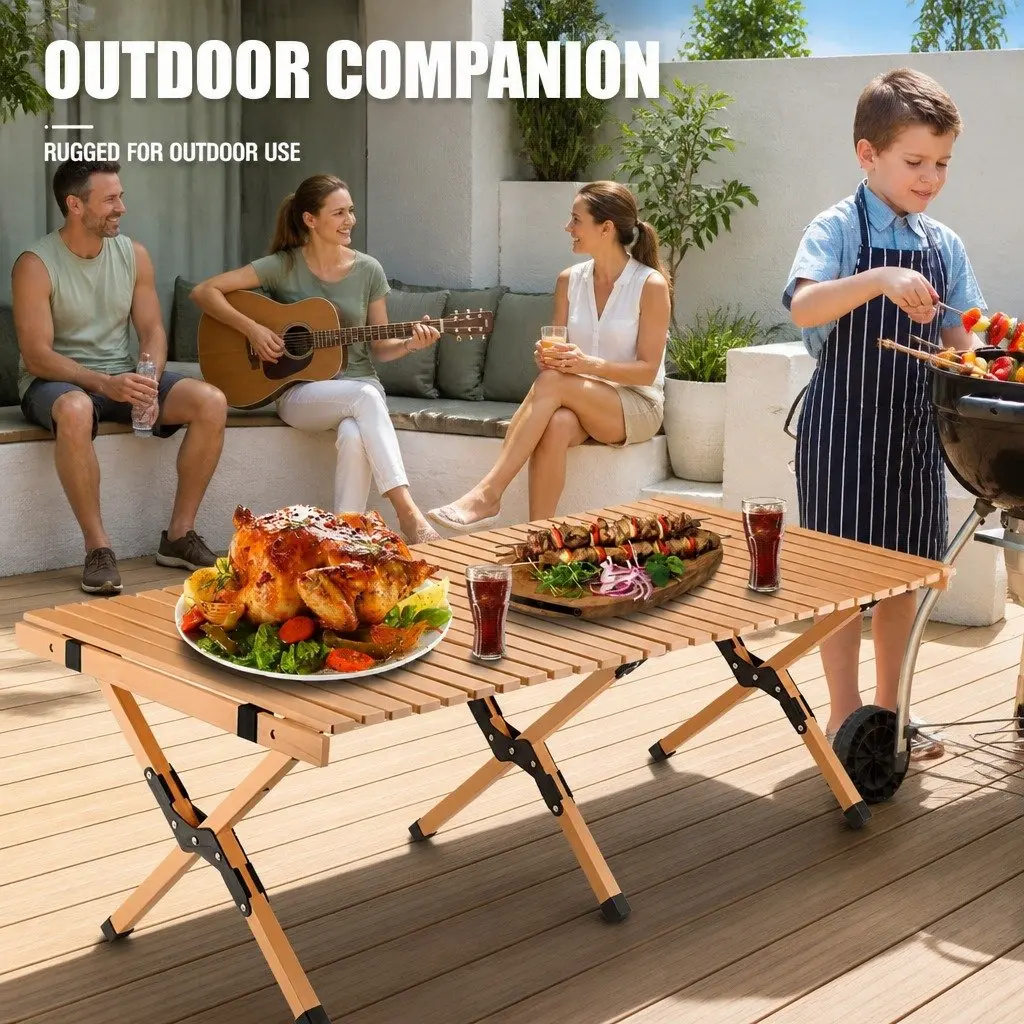 Wooden Folding Camping Table Outdoor Picnic Beach Desk Egg Roll Furniture