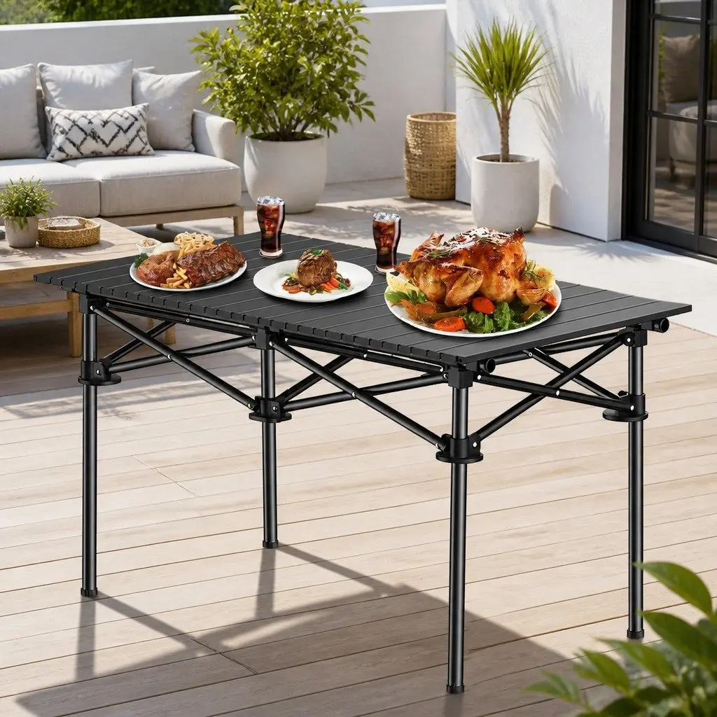 Folding Camping Table Outdoor Picnic Storage Rack Portable Black Design