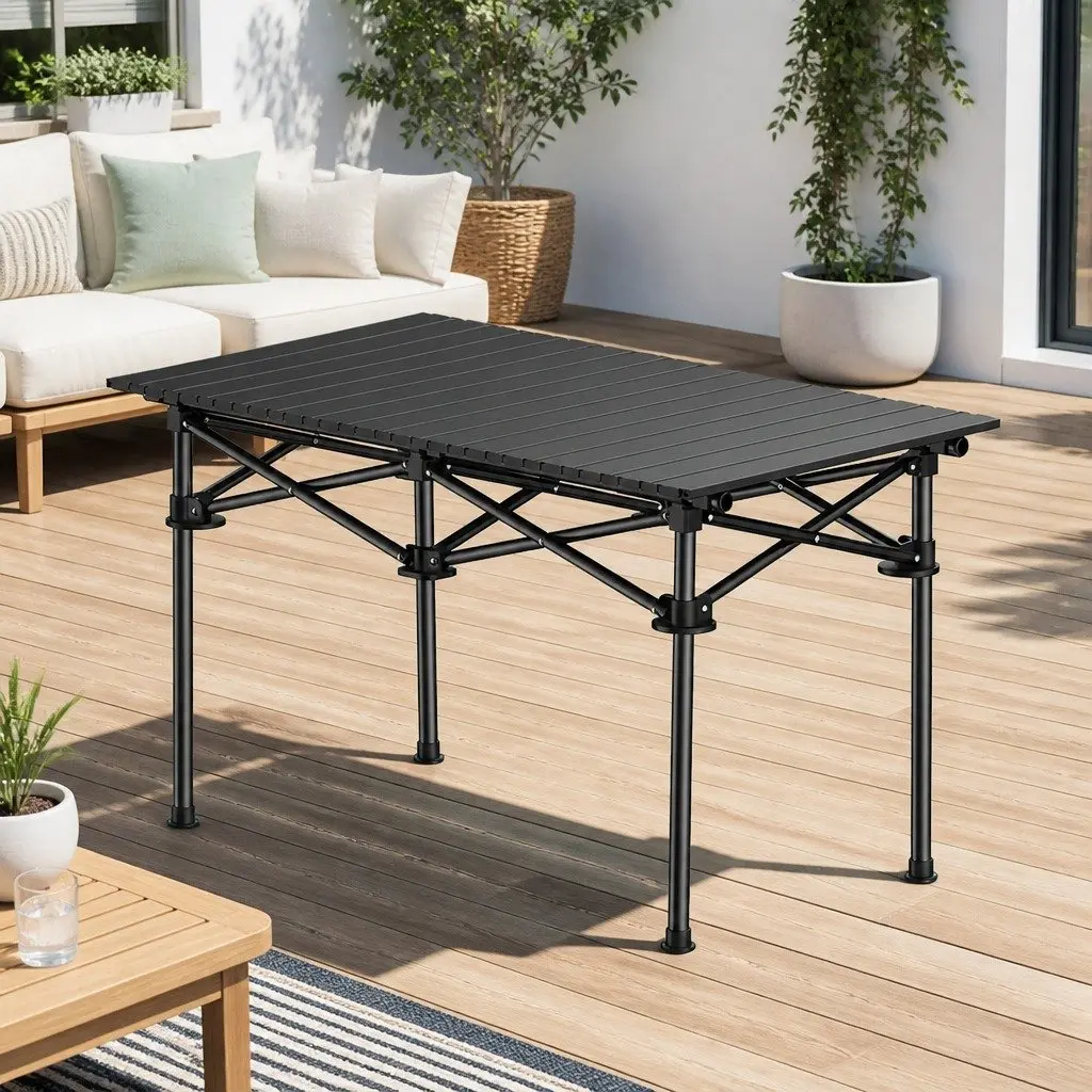 Folding Camping Table Outdoor Picnic Storage Rack Portable Black Design