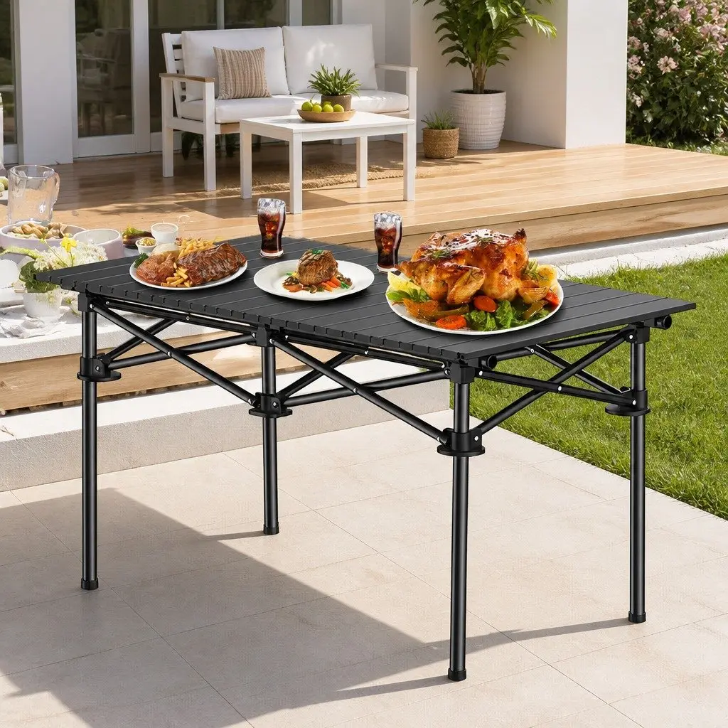 Folding Camping Table Outdoor Picnic Storage Rack Portable Black Design