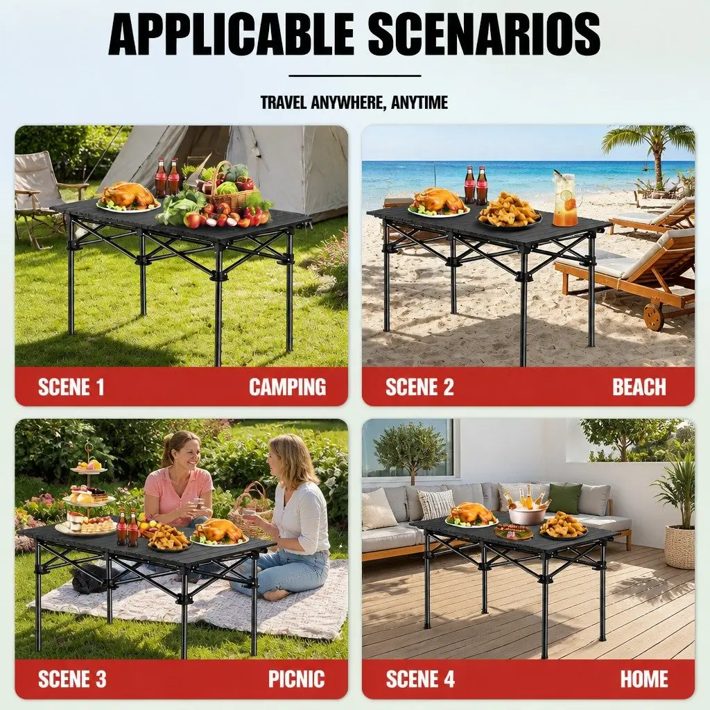 Folding Camping Table Outdoor Picnic Storage Rack Portable Black Design
