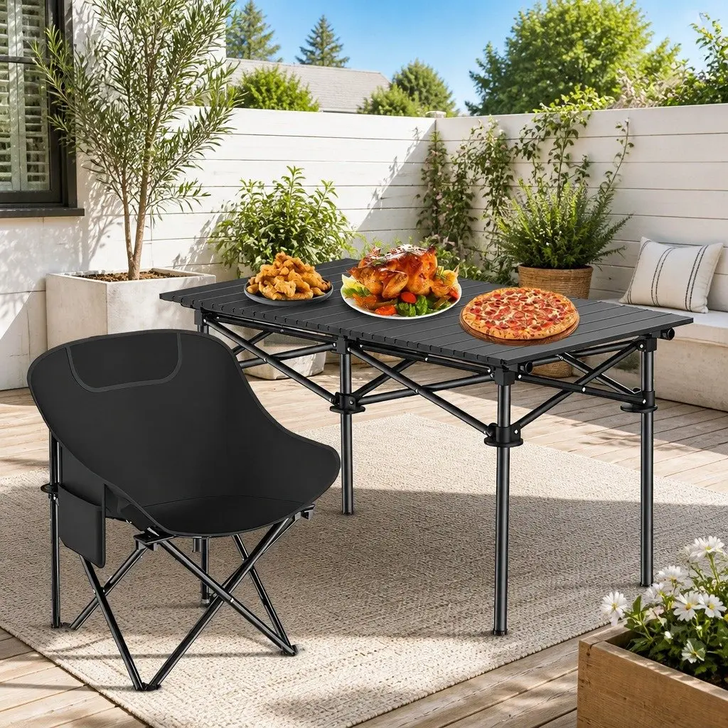 Folding Picnic Table Chairs Set Black Portable Lightweight Easy Set Up 5 Piece