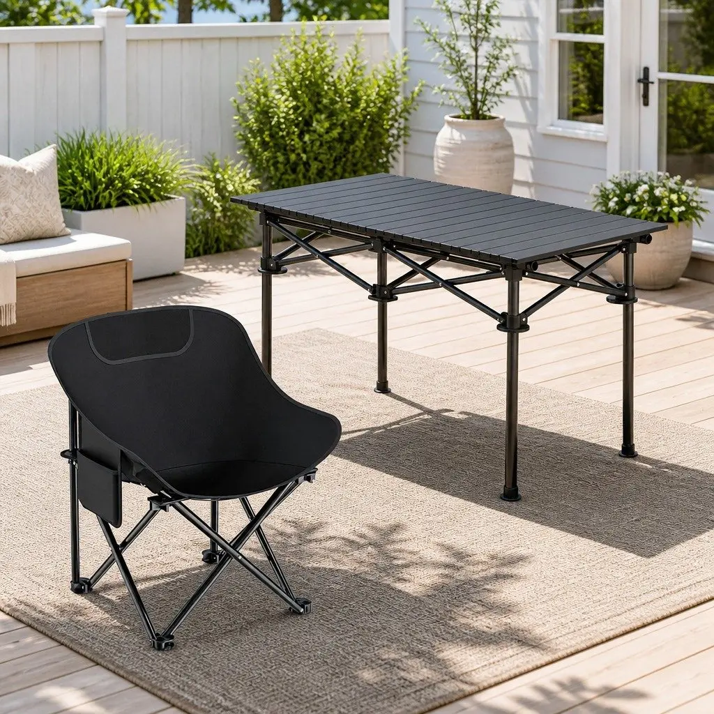 Folding Picnic Table Chairs Set Black Portable Lightweight Easy Set Up 5 Piece