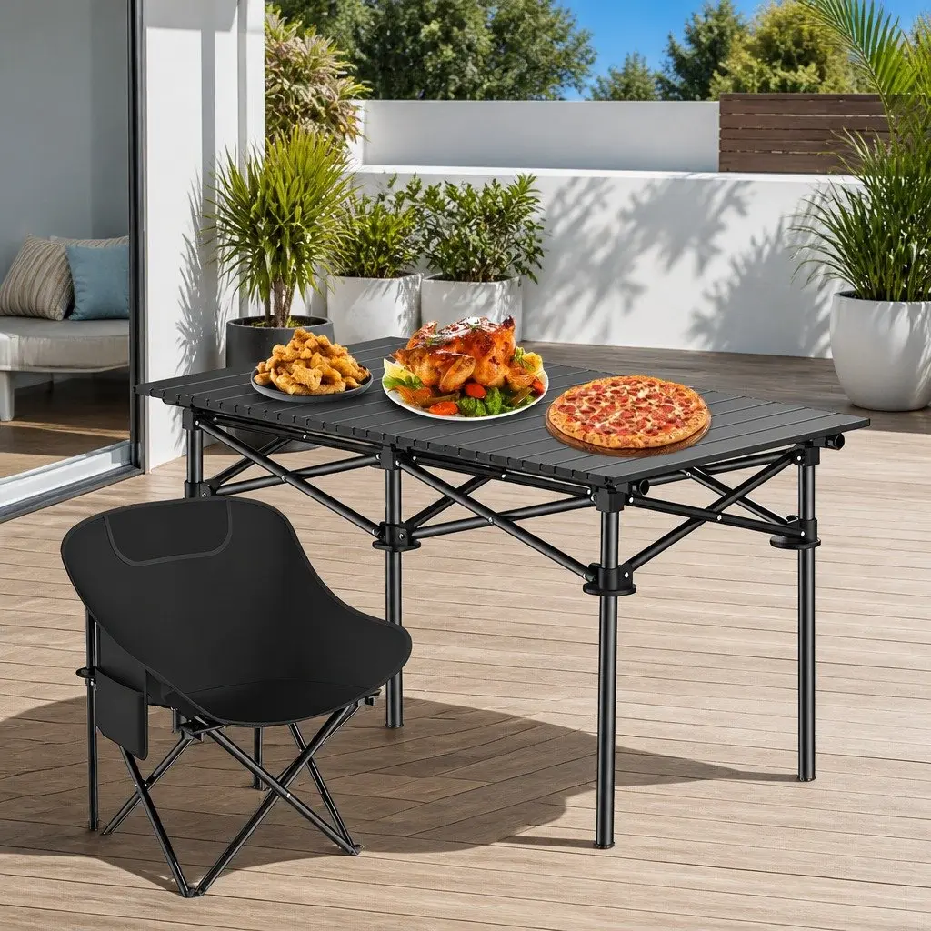 Folding Picnic Table Chairs Set Black Portable Lightweight Easy Set Up 5 Piece