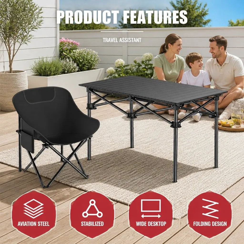 Folding Picnic Table Chairs Set Black Portable Lightweight Easy Set Up 5 Piece