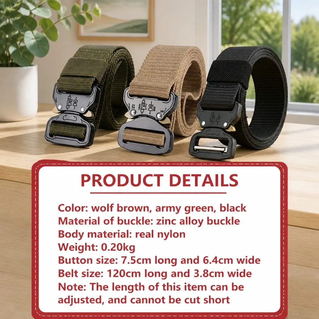 Men's Tactical Outdoor Belt Green 120x3.8cm Heavy-duty Metal Buckle