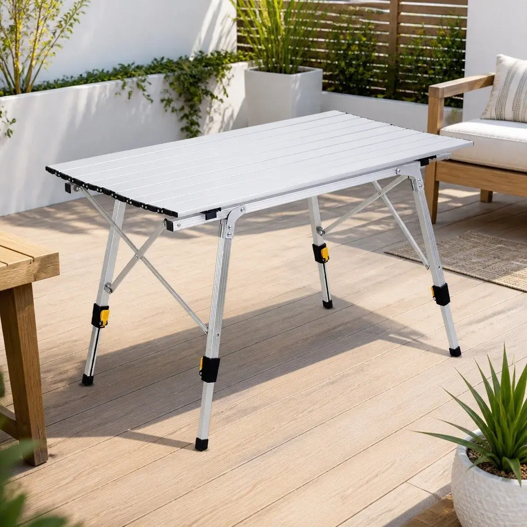 Folding Camping Table White Adjustable Height Portable Outdoor Picnic Furniture